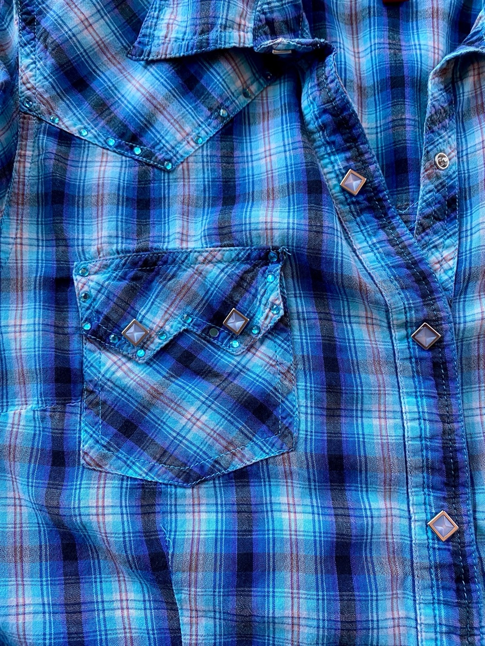 Panhandle Slim Blue Plaid Short-Sleeve Snap-Down Shirt - Picture 5 of 12